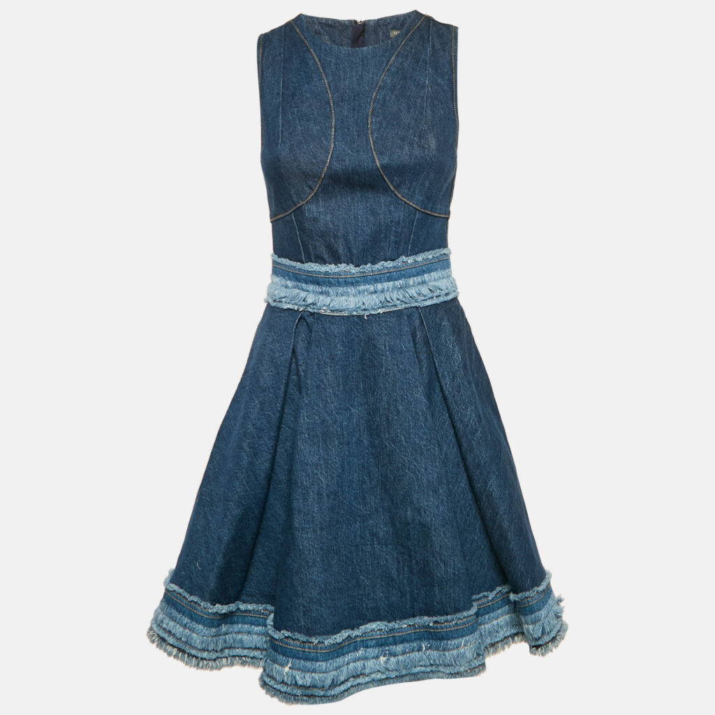 luxury-women-alexander-mcqueen-used-clothes-p1155014-001 Alexander McQueen Blue Denim Raw Edge Flared Mini Dress S