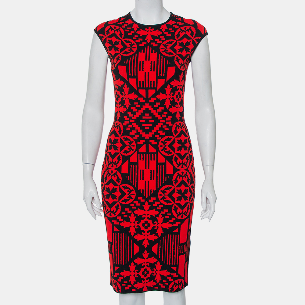 luxury-women-alexander-mcqueen-used-clothes-p421043-008 Alexander McQueen Red & Black Jacquard Knit Sheath Dress M