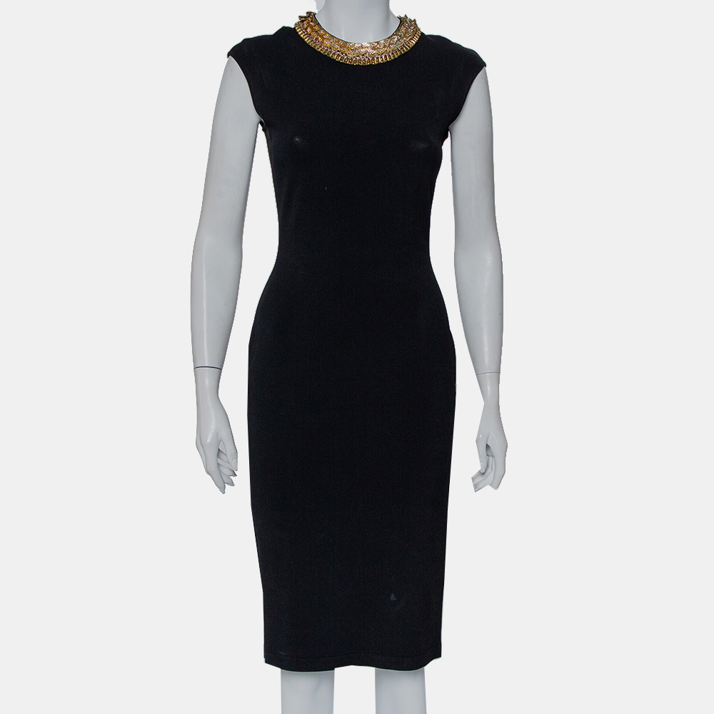 luxury-women-alexander-mcqueen-used-clothes-p428985-009 Alexander McQueen Black Knit Embellished Neck Detail Sleeveless Sheath Dress M