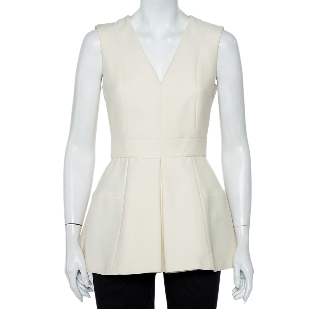 luxury-women-alexander-mcqueen-used-clothes-p453085-005 Alexander McQueen Cream Wool & Silk Sleeveless Peplum Top S