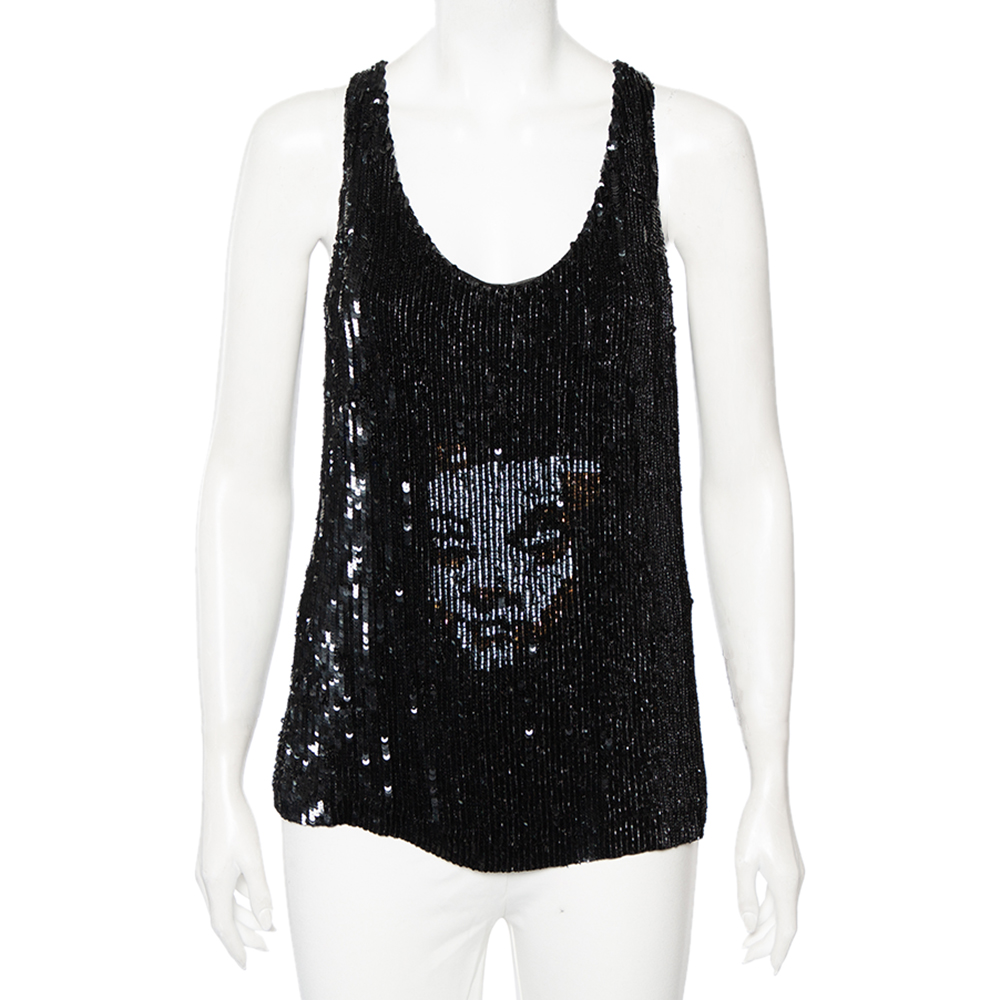 luxury-women-alexander-mcqueen-used-clothes-p505551-001-1 Alexander McQueen Black Sequinned Silk And Beaded Skull Pattern Sleeveless Top M