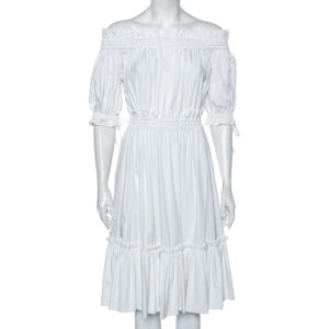 Alexander McQueen White Cotton Ruched Tiered Off Shoulder Midi Dress M