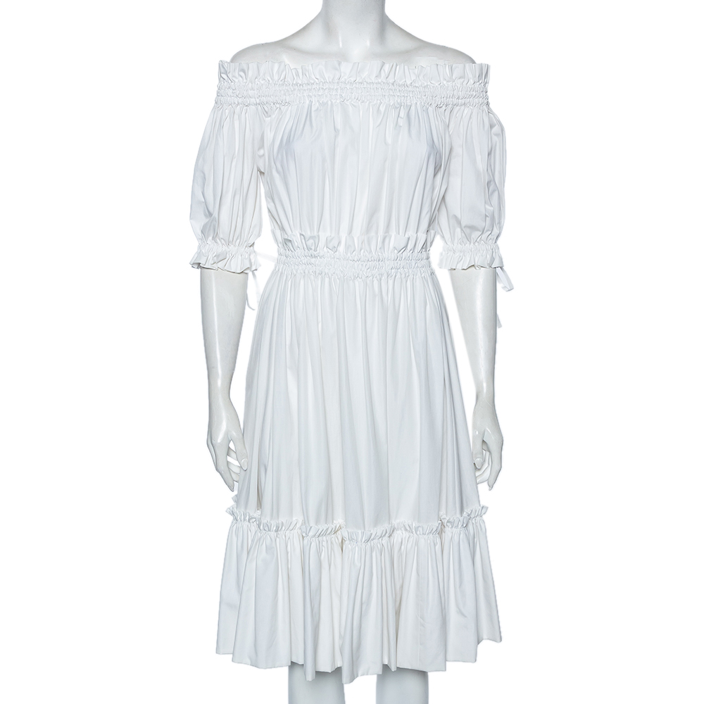 luxury-women-alexander-mcqueen-used-clothes-p507924-003-2 Alexander McQueen White Cotton Ruched Tiered Off Shoulder Midi Dress M