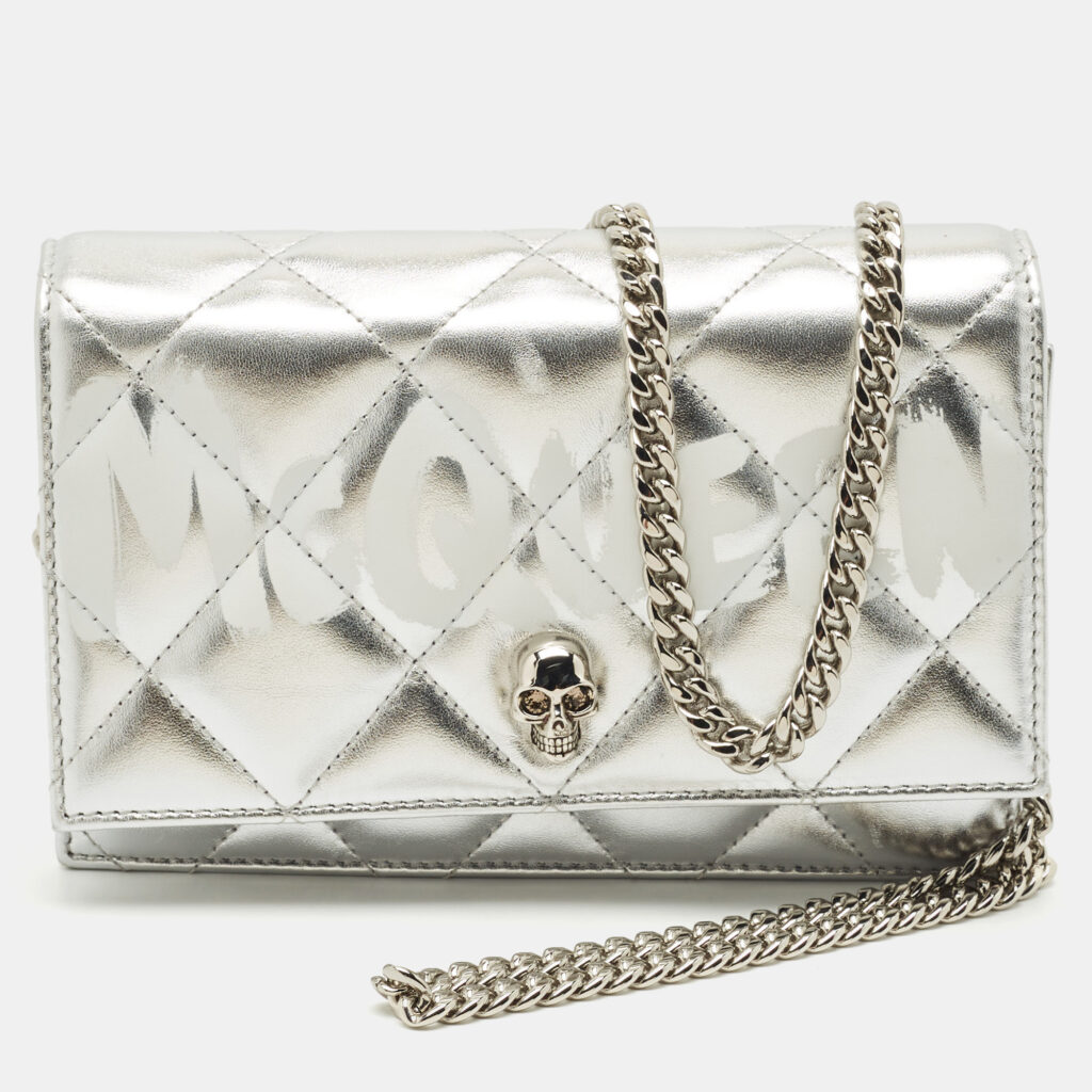 Alexander McQueen Silver Quilted Leather Small Skull Chain Bag