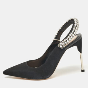 Alexander McQueen Black Suede Crystal Embellished Slingback Pumps Size 39