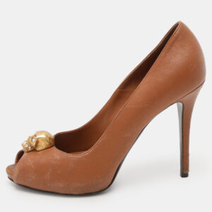 Alexander McQueen Brown Leather Skull Peep Toe Pumps Size 38