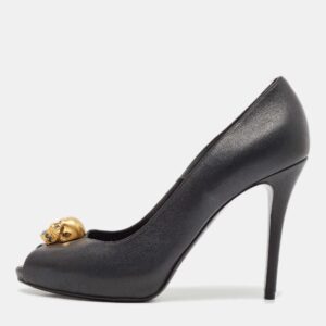 Alexander McQueen Black Leather Crystal Embellished Skull Peep-Toe Pumps Size 38.5