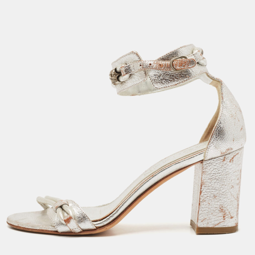 luxury-women-alexander-mcqueen-used-shoes-p1120778-001 Alexander McQueen Silver Leather Ankle Strap Sandals Size 37
