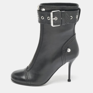 Alexander McQueen Black Buckled Leather Ankle Boots Size 38