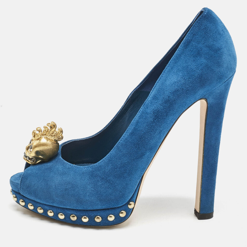 luxury-women-alexander-mcqueen-used-shoes-p1130669-010 Alexander McQueen Blue Suede Skull Peep Toe Pumps Size 36.5
