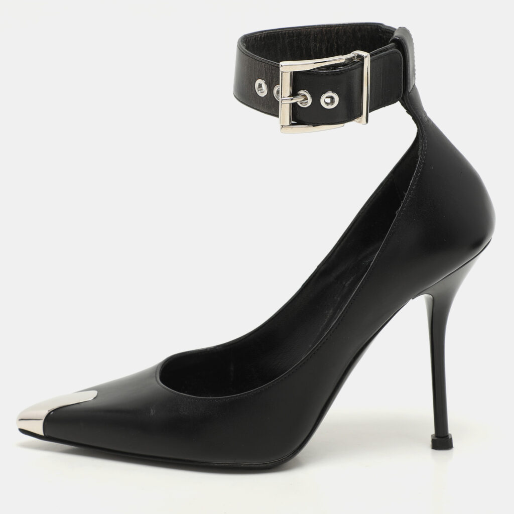 luxury-women-alexander-mcqueen-used-shoes-p1145920-009 Alexander McQueen Black Leather Punk Ankle Strap Pumps Size 36