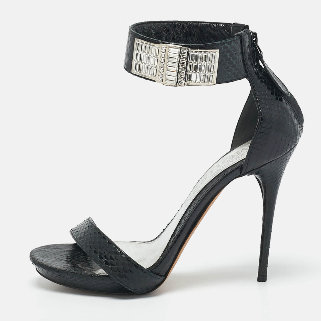 luxury-women-alexander-mcqueen-used-shoes-p1158665-010 Alexander McQueen Black Snakeskin Leather Crystal Embellished Ankle Cuff Sandals Size 36