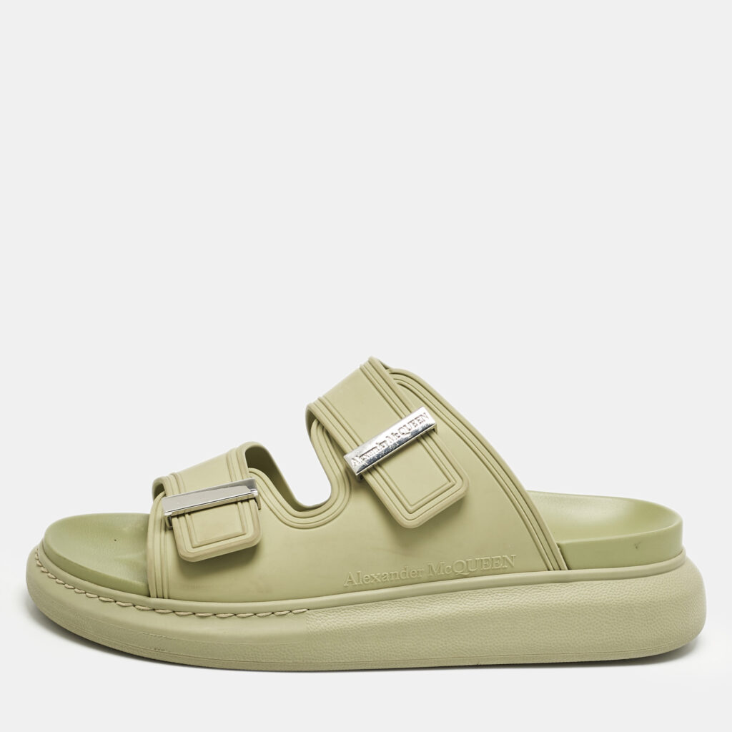 luxury-women-alexander-mcqueen-used-shoes-p1160494-003 Alexander McQueen Green Rubber Logo Embossed Slide Sandals Size 40
