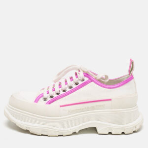 Alexander McQueen White/Neon Pink Canvas and Leather Slick Chunky Sneakers Size 38.5
