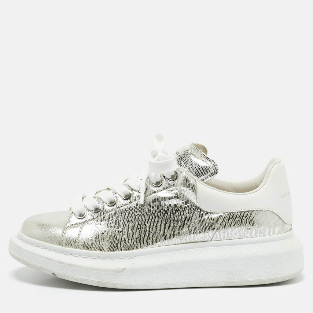 luxury-women-alexander-mcqueen-used-shoes-p1163176-010 Alexander McQueen Silver Leather Oversized Lace Up Sneakers Size 40
