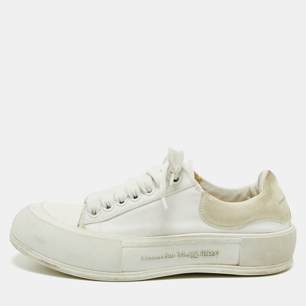 luxury-women-alexander-mcqueen-used-shoes-p1166424-001 Alexander McQueen White Canvas and Rubber Tread Slick Sneakers Size 40