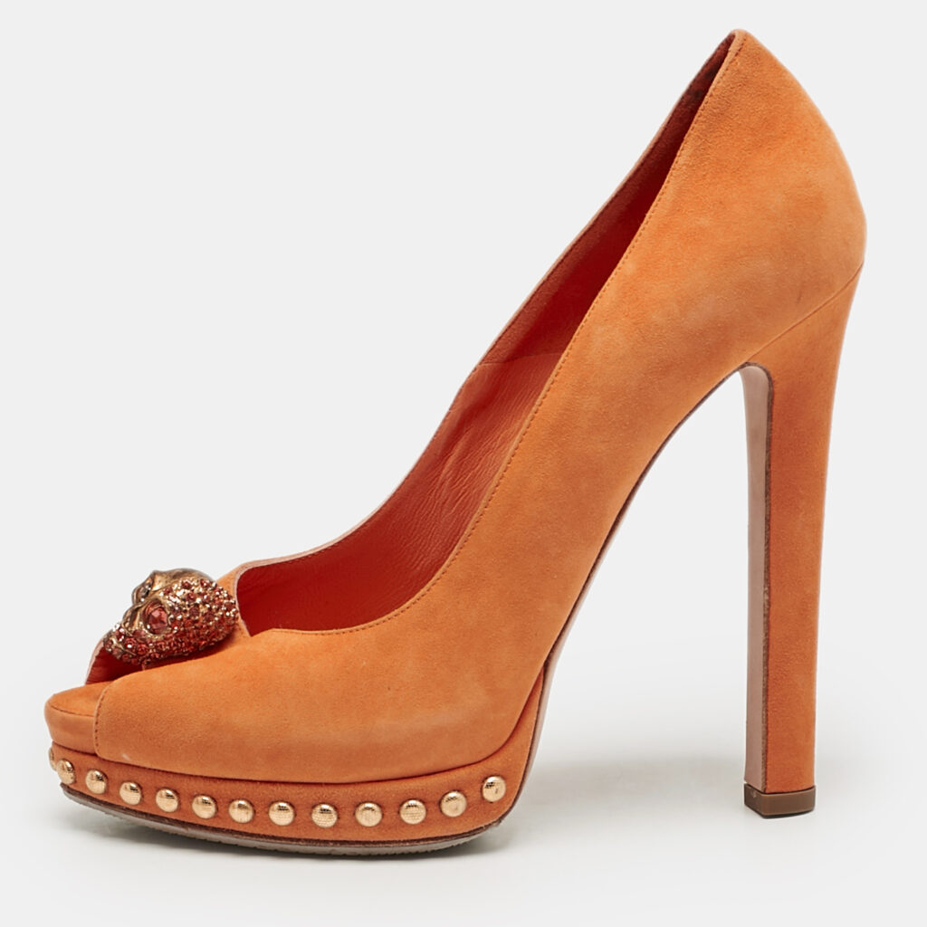 luxury-women-alexander-mcqueen-used-shoes-p1168943-001 Alexander McQueen Orange Suede Skull Studded Peep Toe Pumps Size 37