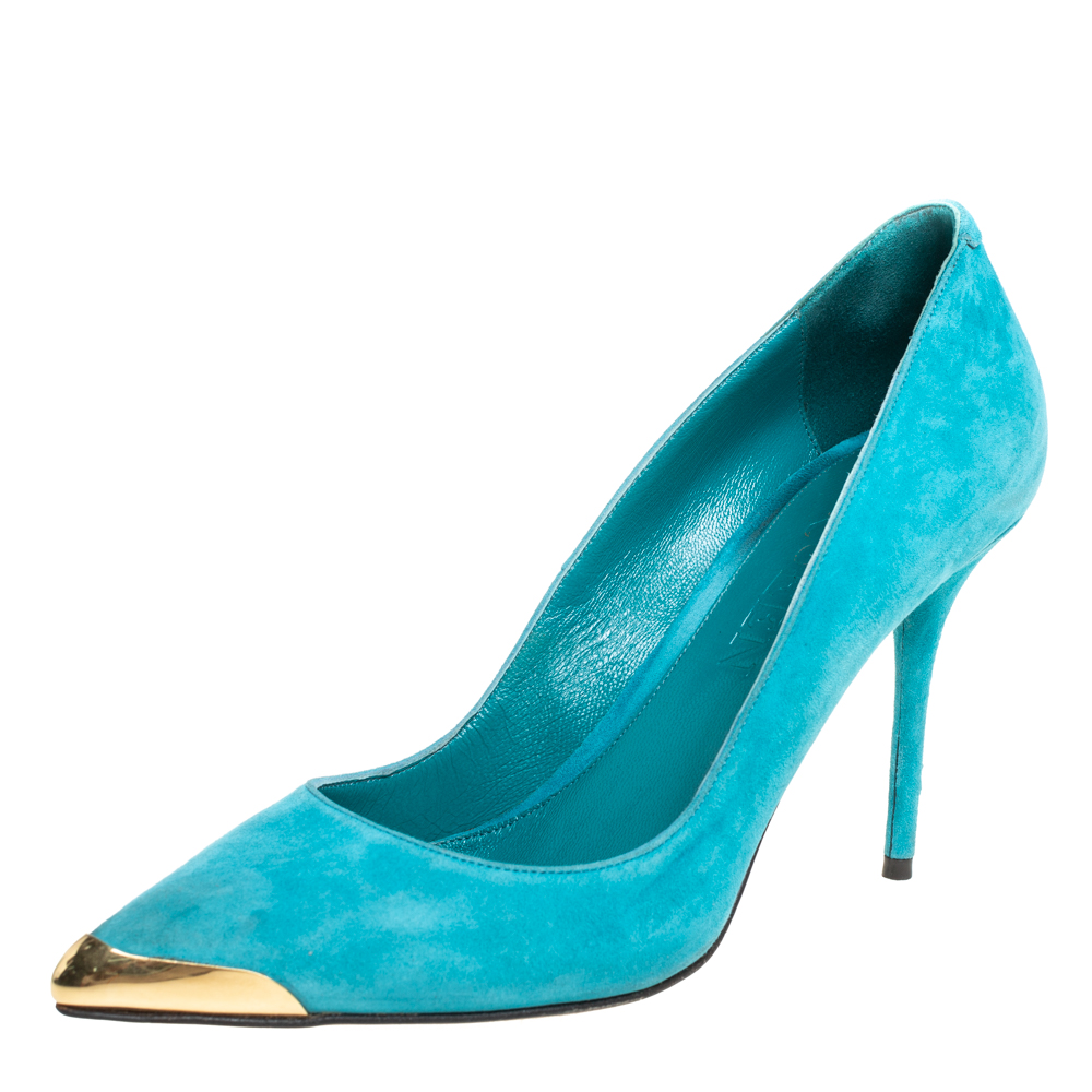 luxury-women-alexander-mcqueen-used-shoes-p404260-006 Alexander McQueen Blue Sued Pointed Toe Pumps Size 39.5