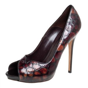 Alexander McQueen Brown Crocodile Embossed Leather Peep Toe Pumps Size 40