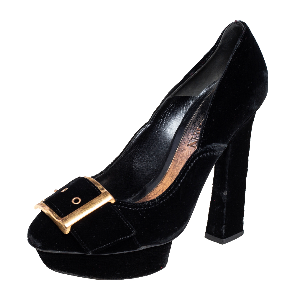 Alexander McQueen Black Velvet Buckle Platform Pumps Size 39