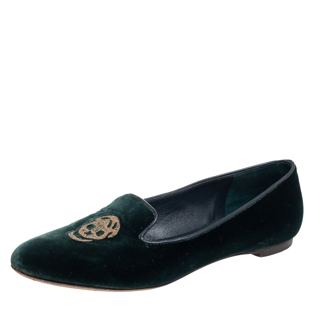 luxury-women-alexander-mcqueen-used-shoes-p514892-003-2 Alexander McQueen Green Velvet Skull Embroidered Smoking Slippers Size 37