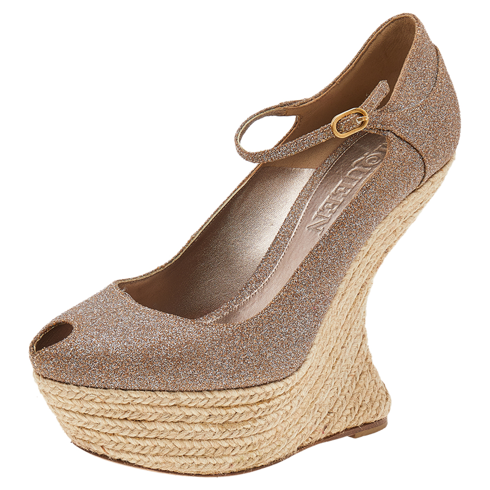 luxury-women-alexander-mcqueen-used-shoes-p534532-007-1 Alexander McQueen Brown Glitter Ankle Strap Wedge Sandals Size 37