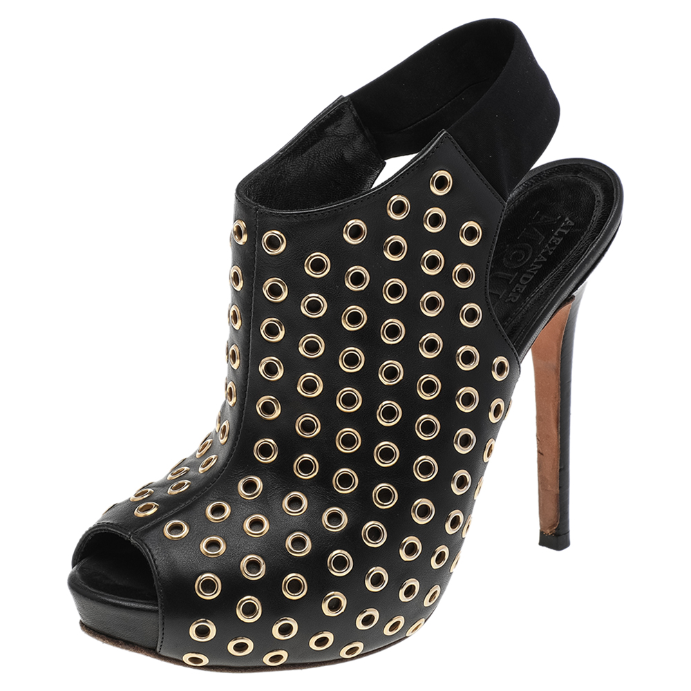 luxury-women-alexander-mcqueen-used-shoes-p565022-005-2 Alexander McQueen Black Leather Grommet Peep Toe Ankle Slingback Boots Size 36