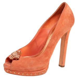 Alexander McQueen Orange Suede Skull Peep Toe Pumps Size 38.5