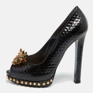 Alexander McQueen Black Patent Leather Skull Embellished Peep Toe Pumps Size 38