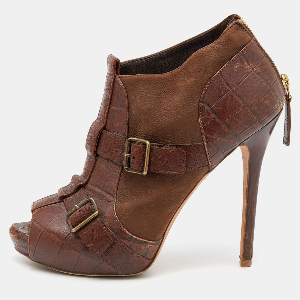 luxury-women-alexander-mcqueen-used-shoes-p649075-005-2 Alexander McQueen Brown Leather Buckle Ankle Length Boots Size 39