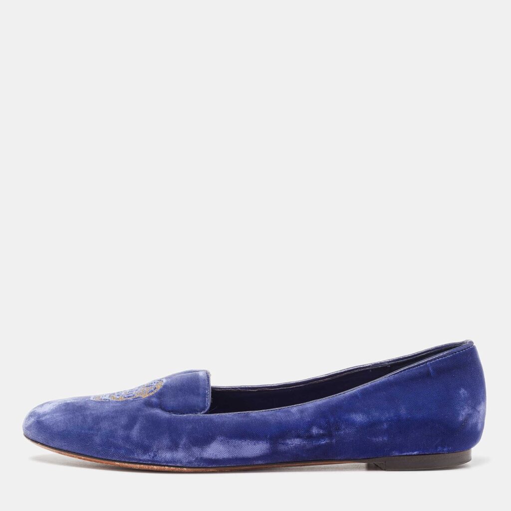 luxury-women-alexander-mcqueen-used-shoes-p892500-004 Alexander McQueen Blue Velvet Skull Smoking Slippers Size 37