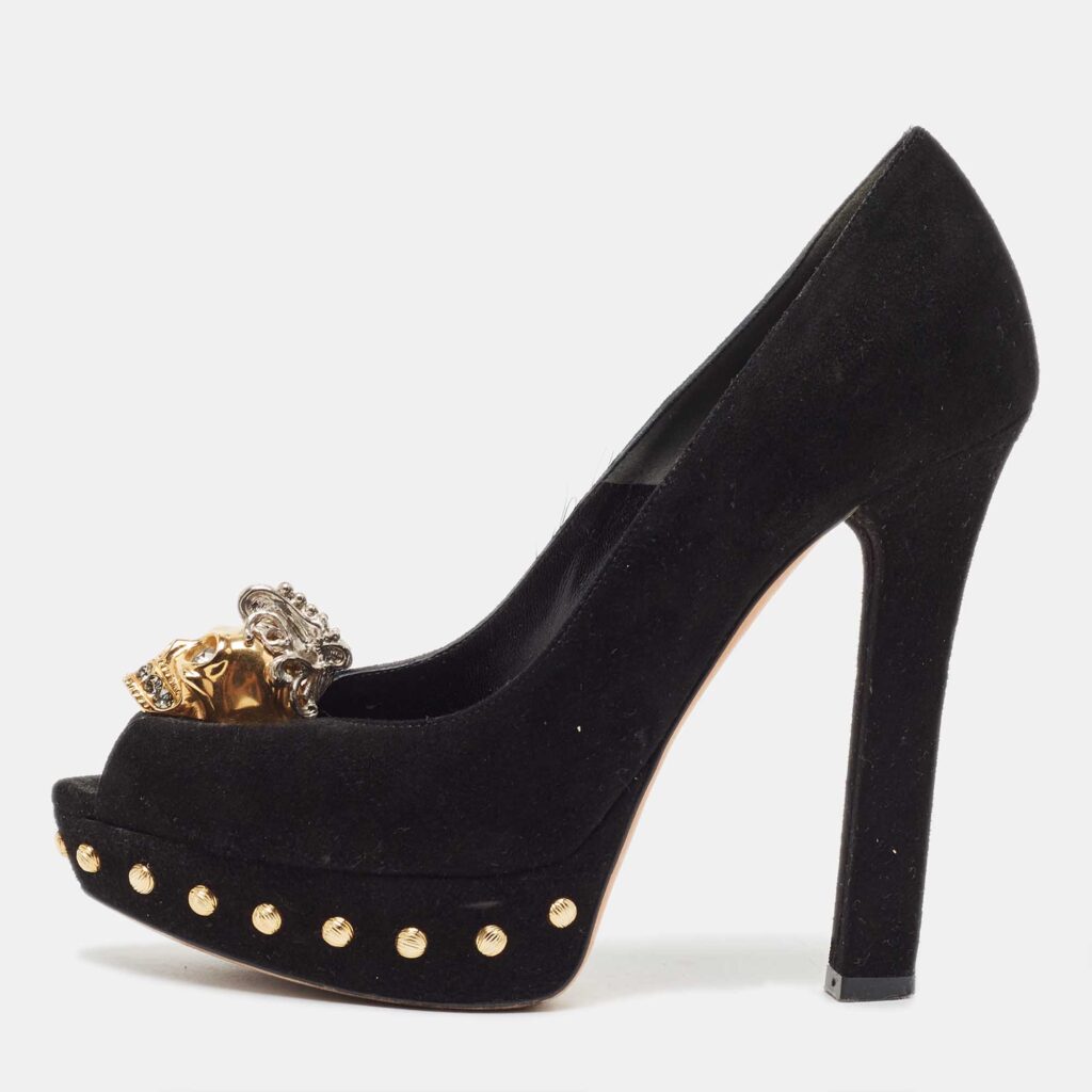 luxury-women-alexander-mcqueen-used-shoes-p918612-003 Alexander McQueen Black Suede Skull Peep Toe Platform Pumps Size 36