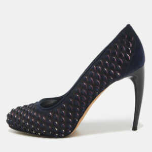 Alexander McQueen Navy Blue/Pink Laser Cut Suede and Studded Satin Round Toe Pumps Size 37.5