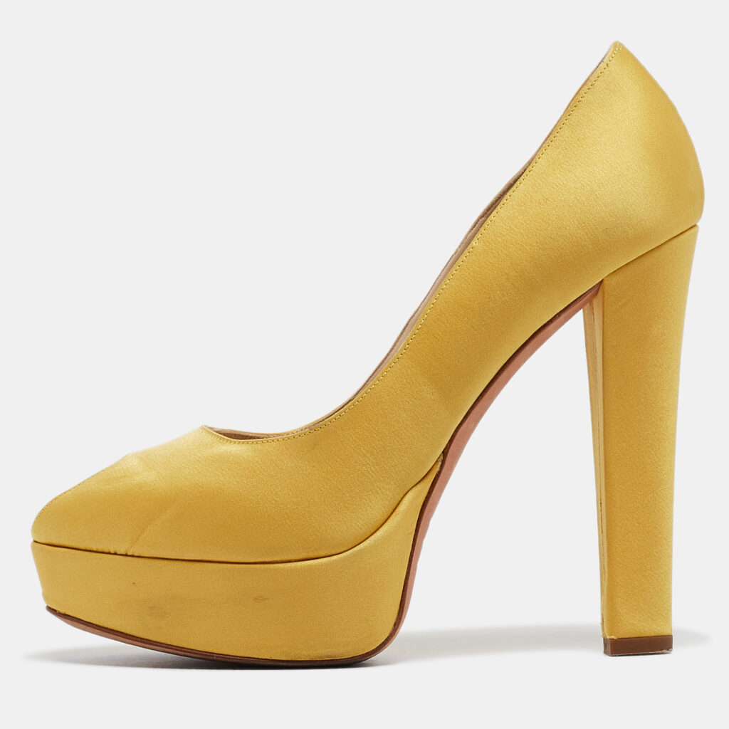 luxury-women-alexander-mcqueen-used-shoes-p989521-001 Alexander McQueen Yellow Satin Peep Toe Pumps Size 39.5