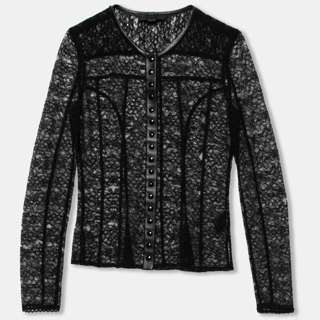 luxury-women-alexander-wang-new-clothes-p627589-002-2 Alexander Wang Black Lace & Leather Trimmed Button Front Top S
