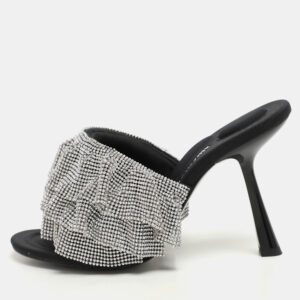 Alexander Wang Silver/Black Ruffled Detail Crystal and Fabric Nala Slide Sandals Size 37