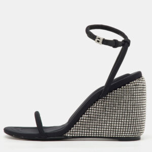 Alexander Wang Dahlia Black Satin Crystal Ankle Strap Wedge Sandals Size 37