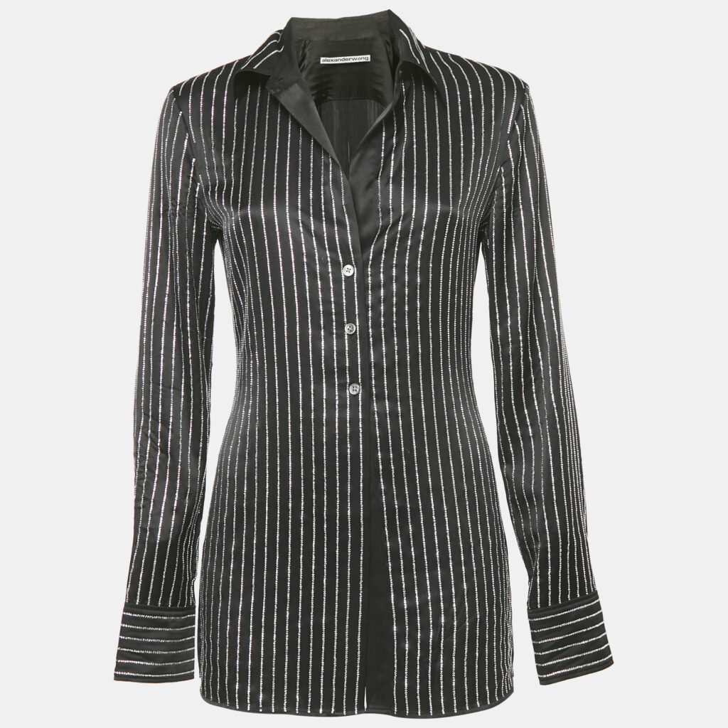 luxury-women-alexander-wang-used-clothes-p1159598-006 Alexander Wang Black Embellished Striped Silk Satin Shirt S