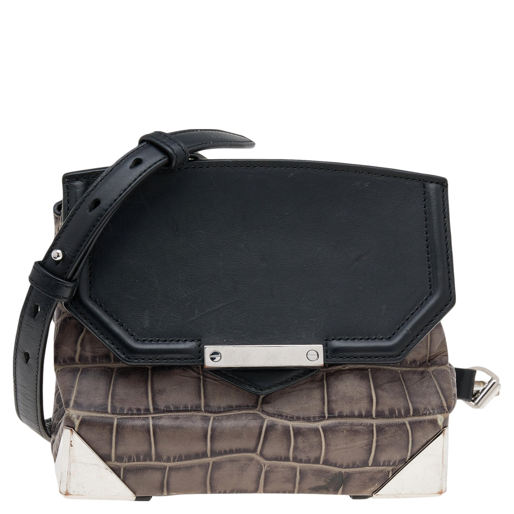luxury-women-alexander-wang-used-handbags-p596631-004 Alexander Wang Grey/Black Croc Embossed Leather Mini Marion Prisma Shoulder Bag