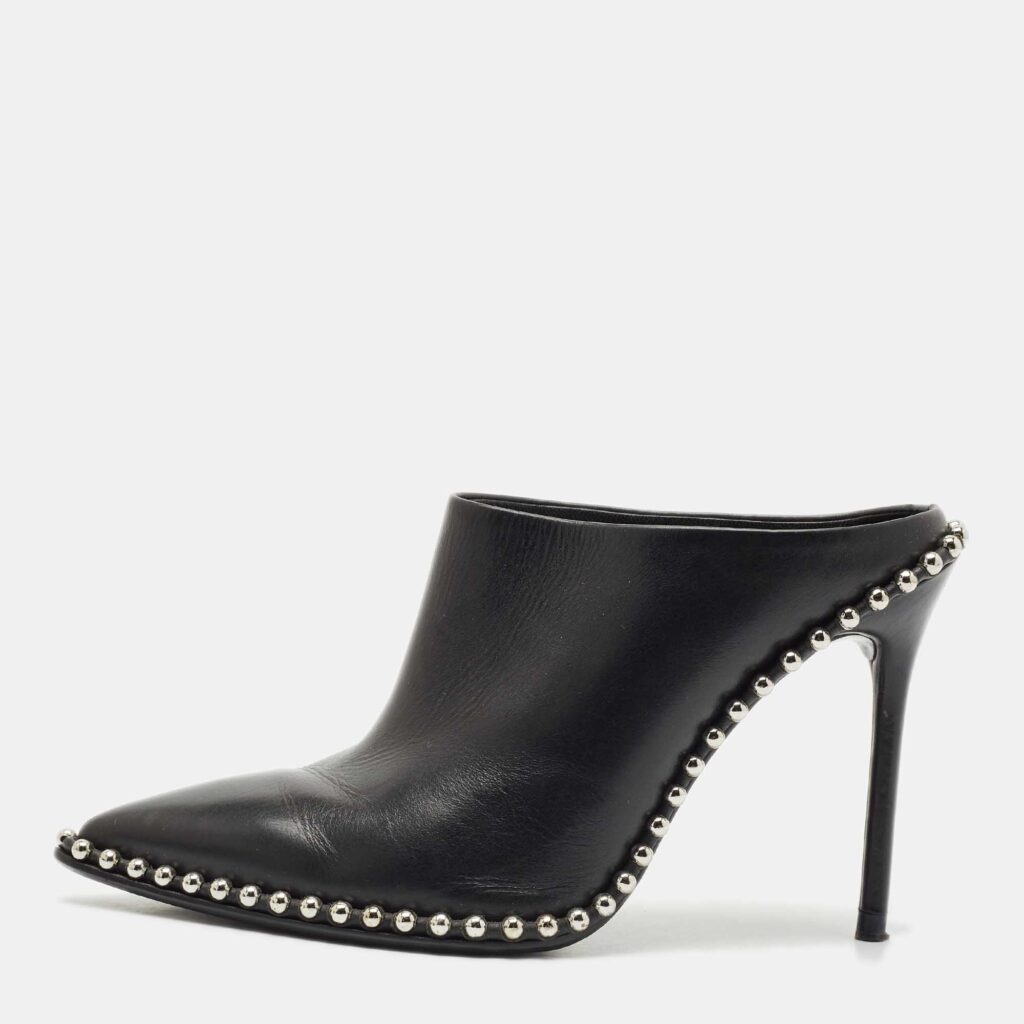 luxury-women-alexander-wang-used-shoes-p1162031-003 Alexander Wang Black Leather Eri Studded Pointed Toe Mules Size 37