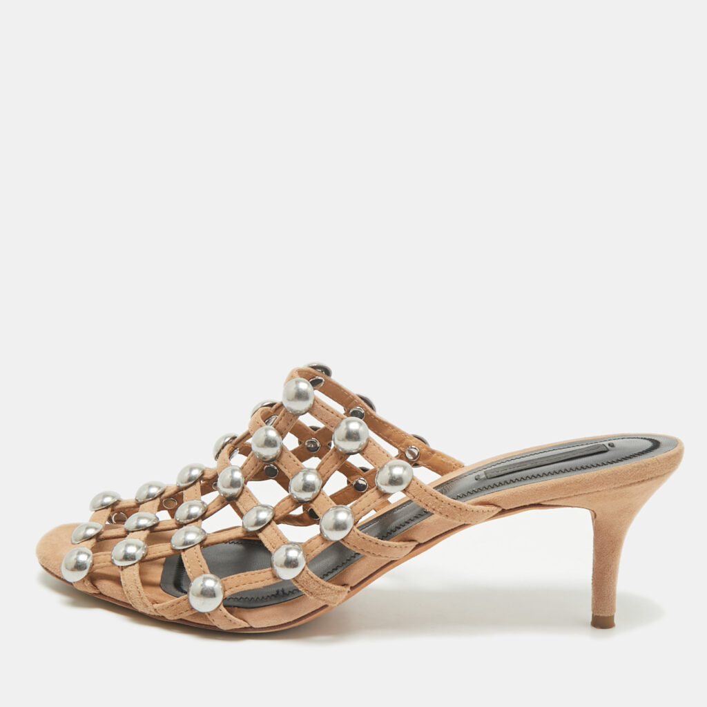 luxury-women-alexander-wang-used-shoes-p1166389-001 Alexander Wang Nude Suede Sadie Studded Caged Mule Sandals Size 39
