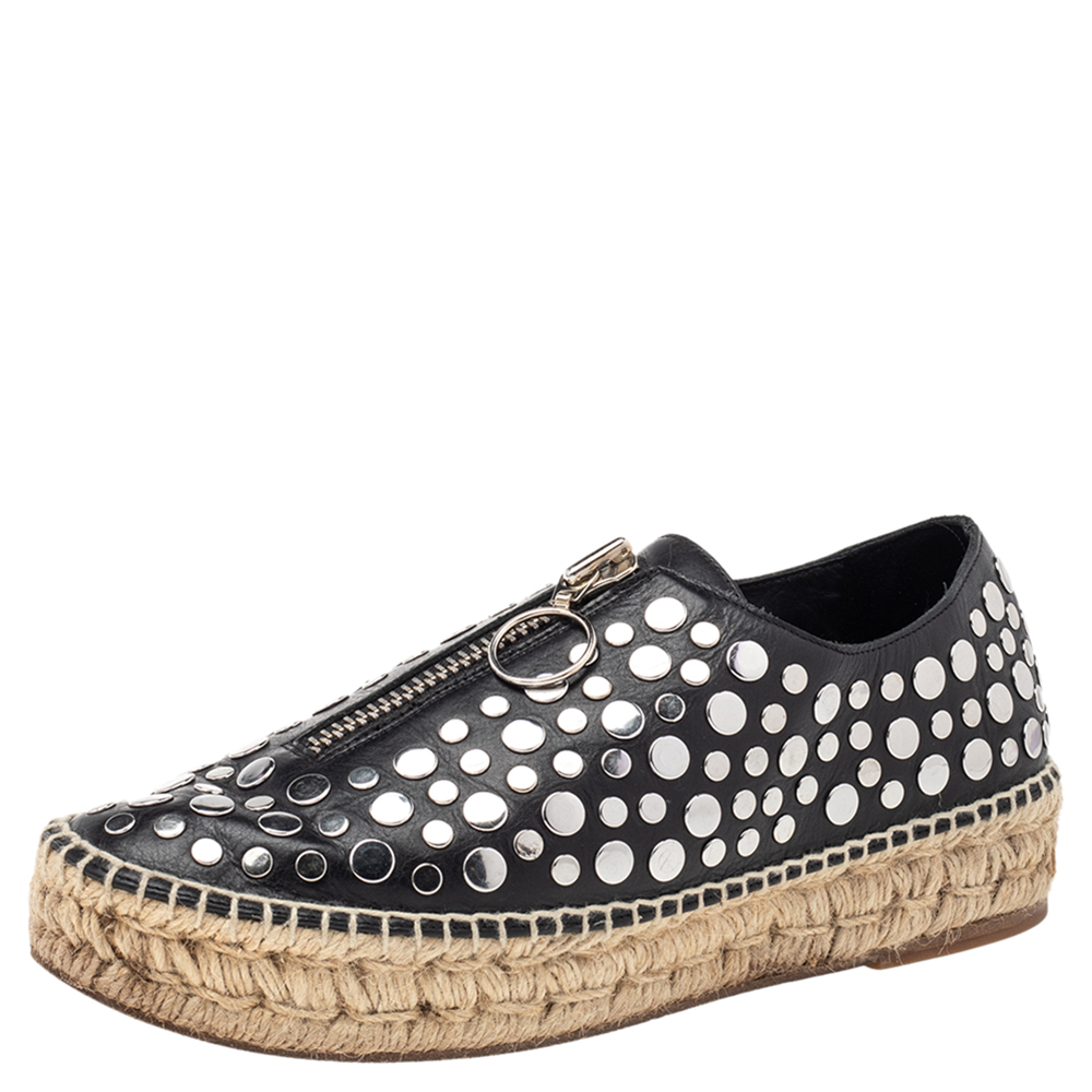 luxury-women-alexander-wang-used-shoes-p519370-009-1 Alexander Wang Black Embellished Leather Platform Espadrille Flats Size 38