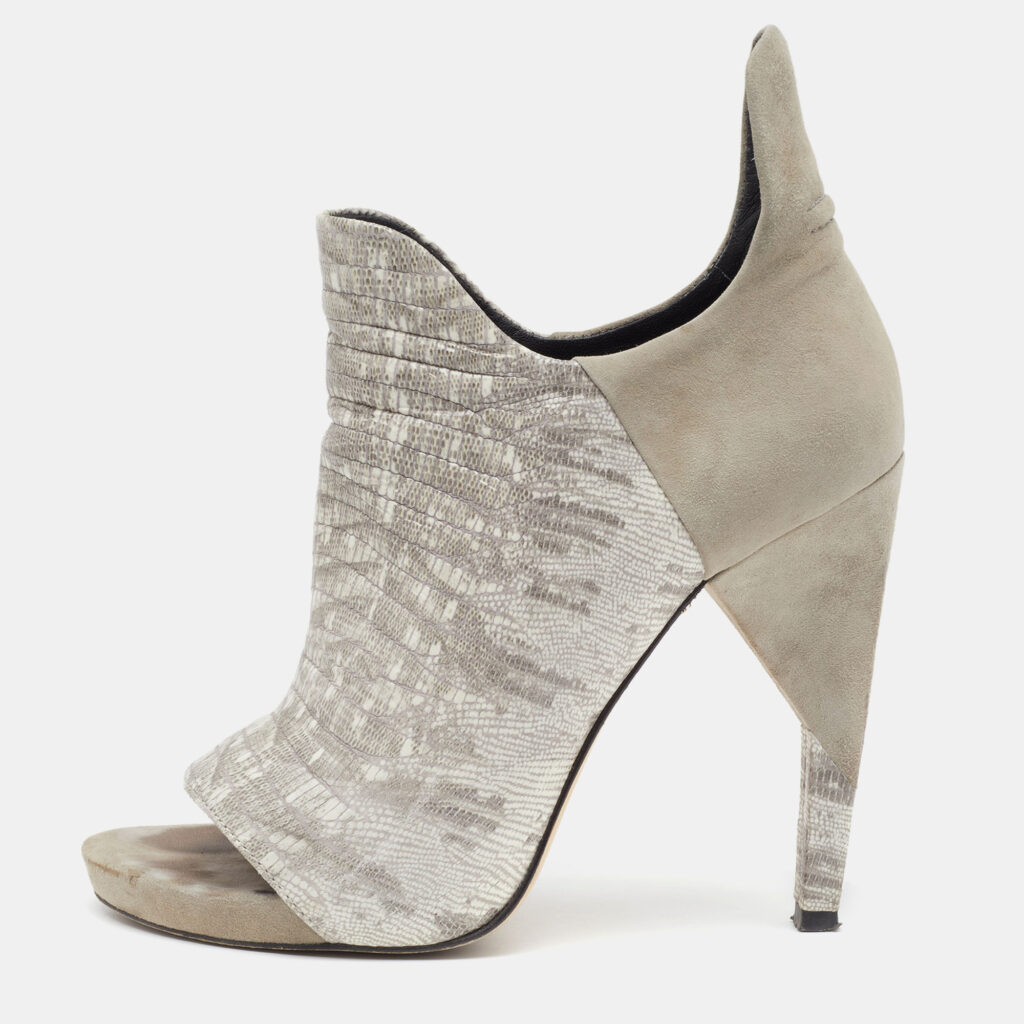 luxury-women-alexander-wang-used-shoes-p832217-010 Alexander Wang Grey Lizard Embossed Leather and Suede Devon Graphic Ankle Boots Size 39
