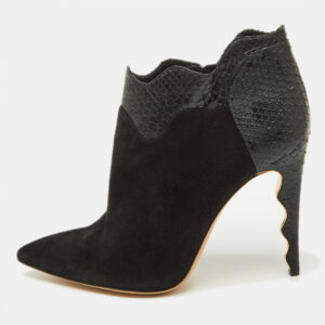 Alexander Birman Black Suede and Python Pointed Toe Ankle Booties Size 41