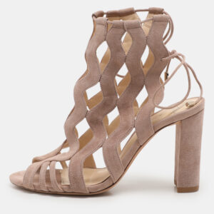 Alexandre Birman Beige Suede Loreta Cage Ankle Wrap Sandals Size 36.5