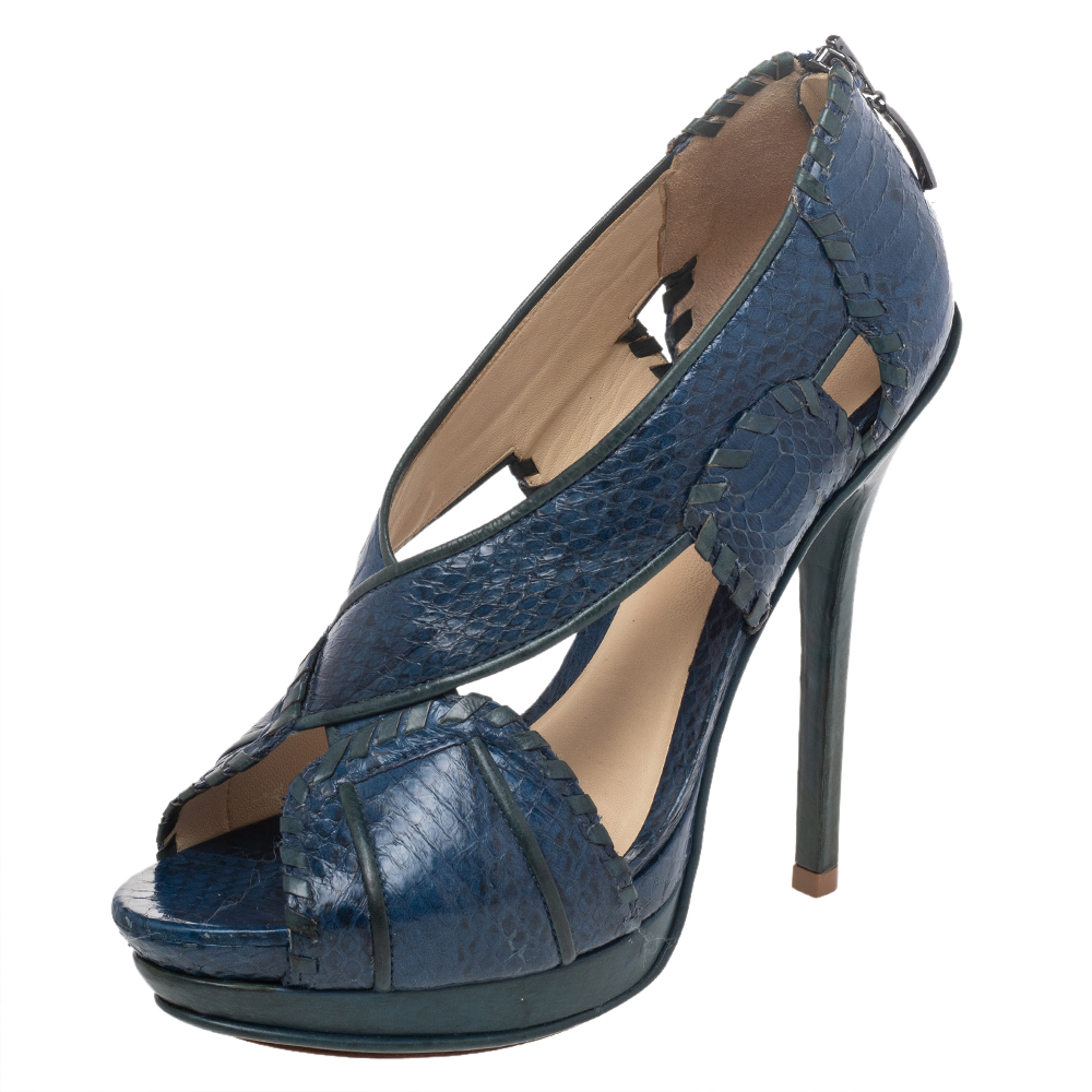 luxury-women-alexandre-birman-used-shoes-p487485-003 Alexandre Birman Blue/Green Python And Leather Peep Toe Platform Pumps Size 38