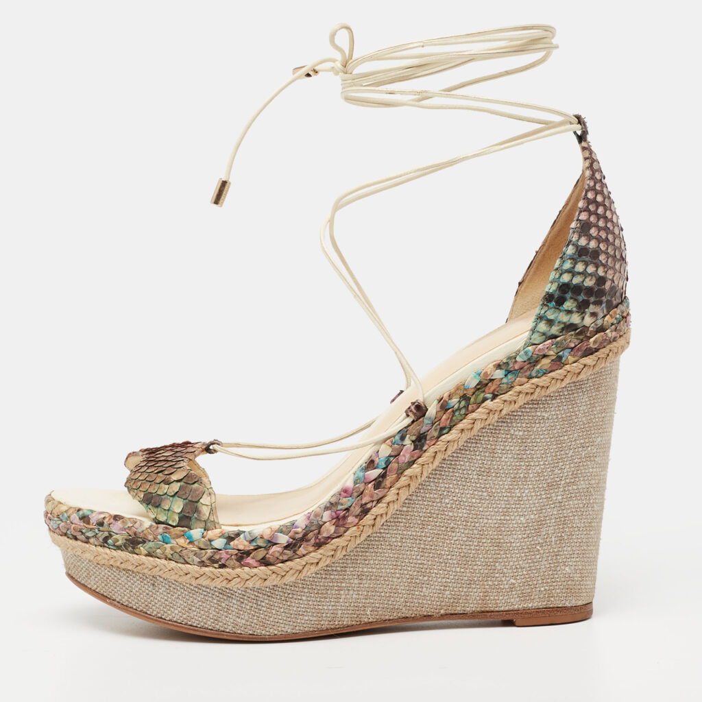 luxury-women-alexandre-birman-used-shoes-p631089-004-2 Alexandre Birman Multicolor Python Leather Wedge Ankle Wrap Sandals Size 38