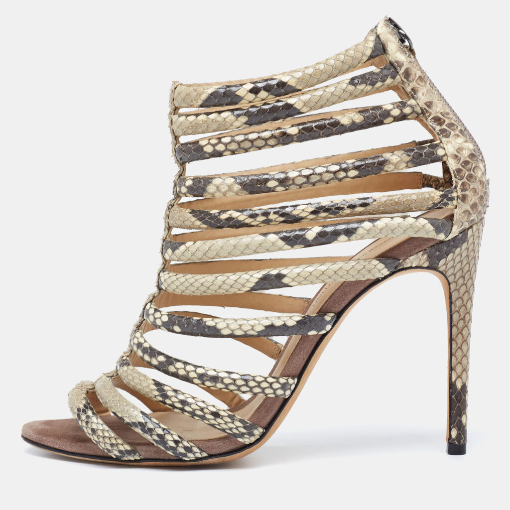 luxury-women-alexandre-birman-used-shoes-p635121-009-2 Alexandre Birman Brown/Beige Python Embossed Leather Caged Zipper Sandals Size 37