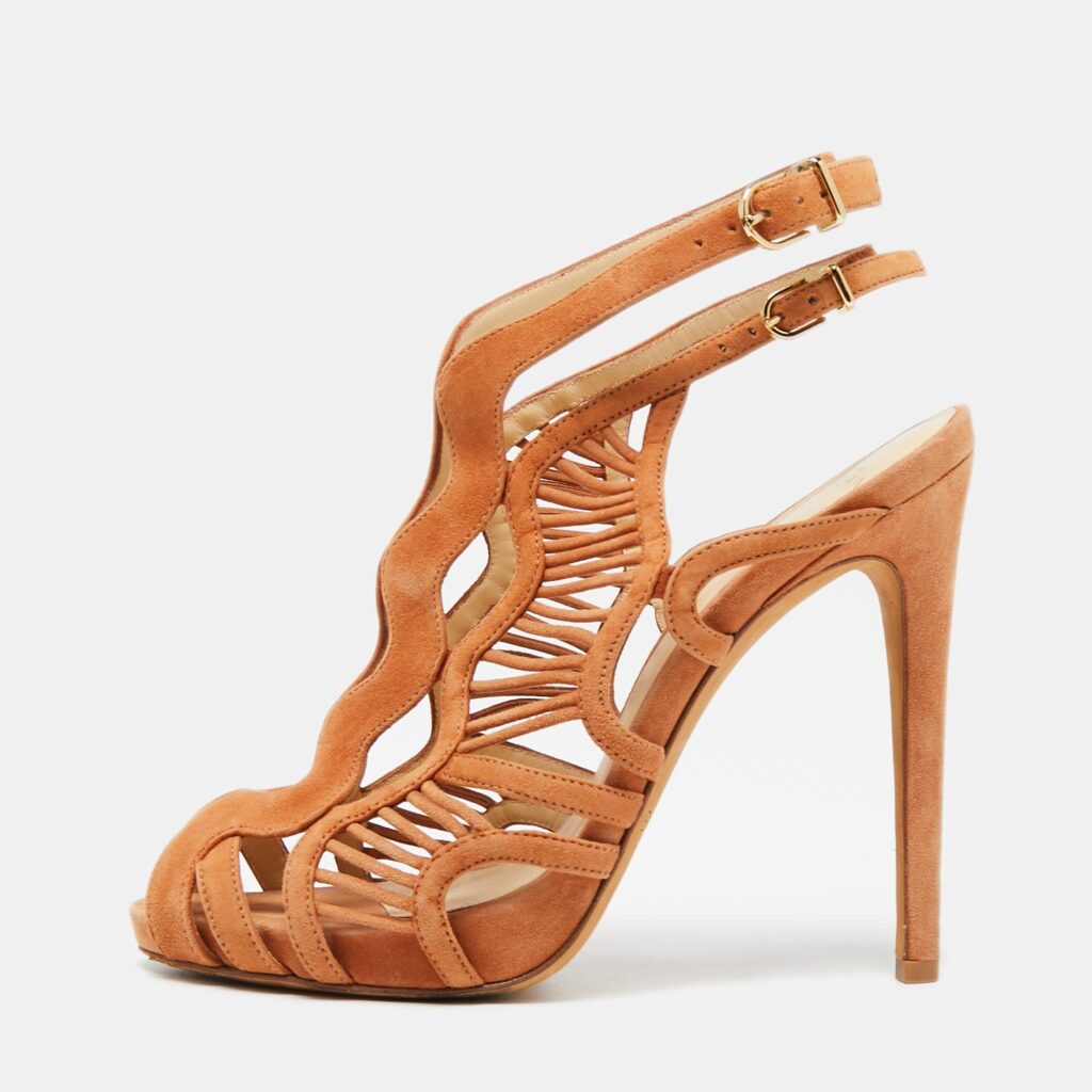 luxury-women-alexandre-birman-used-shoes-p656061-001-1 Alexandre Birman Brown Suede Cut Out Peep-Toe Ankle Strap Sandals Size 37