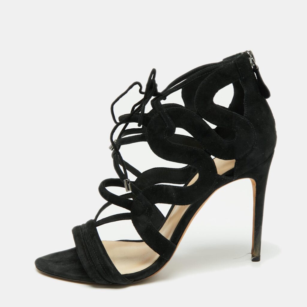 luxury-women-alexandre-birman-used-shoes-p662984-001-1 Alexandre Birman Black Suede Elenara Ankle Strappy Tie Up Sandals Size 39.5